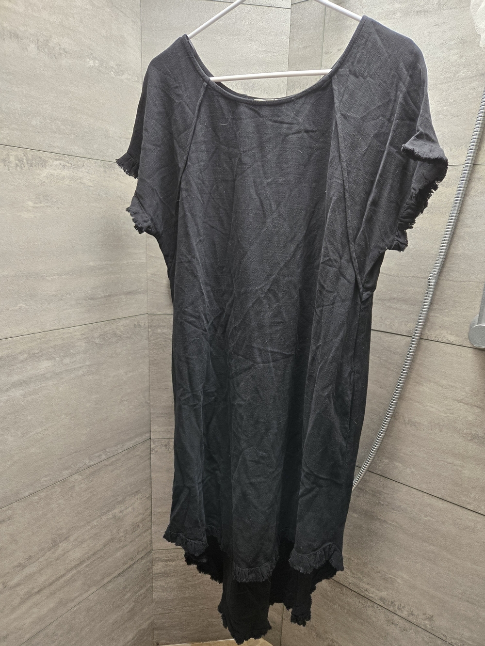 Black Women's Sleep Dress with Frayed Trim